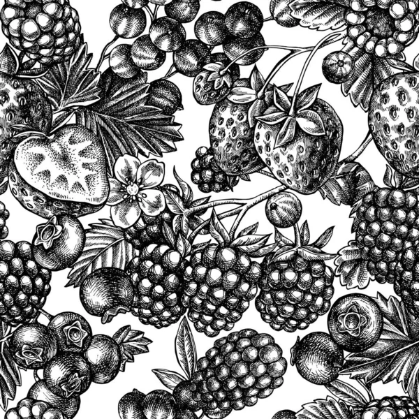 Απρόσκοπτη μοτίβο με μαύρο και άσπρο φράουλα, βατόμουρο, κόκκινο φραγκοστάφυλο, βατόμουρο, βατόμουρο — Διανυσματικό Αρχείο