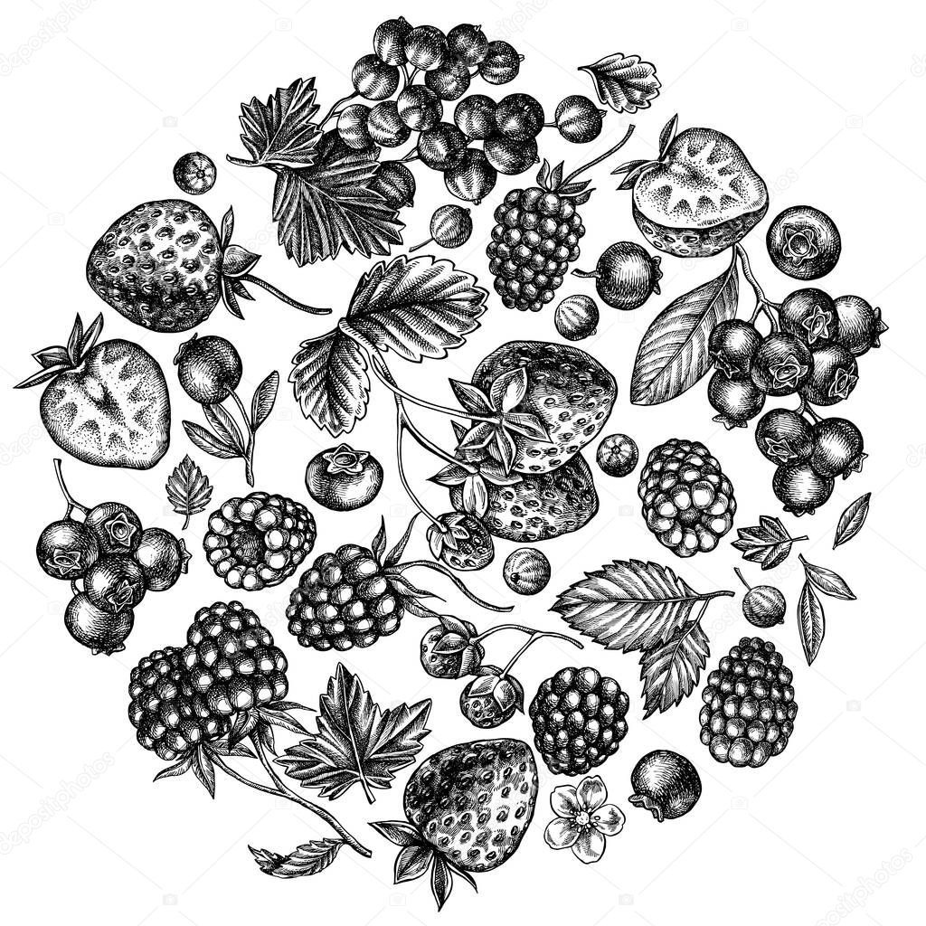 Round design with black and white strawberry, blueberry, red currant, raspberry, blackberry