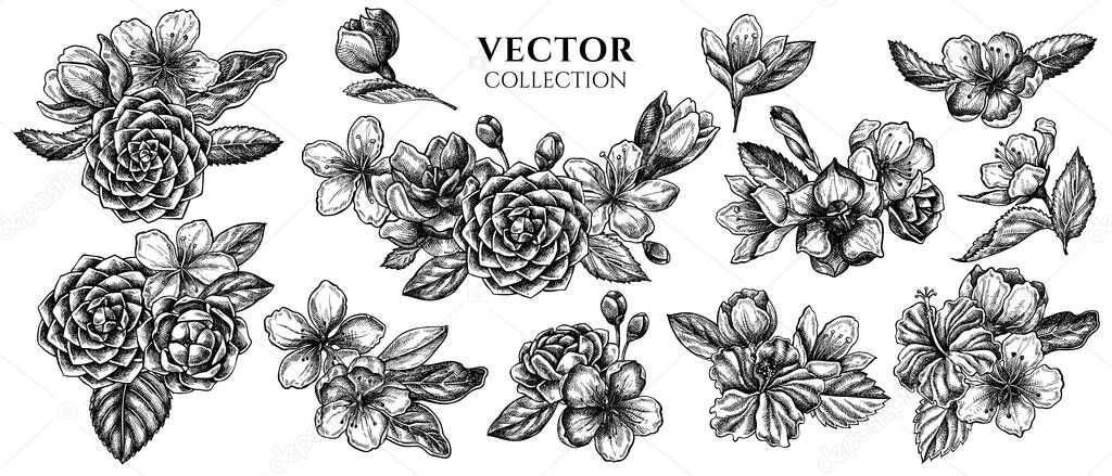 Flower bouquet of black and white hibiscus, plum flowers, peach flowers, sakura flowers, magnolia flowers, camellia japonica stock illustration