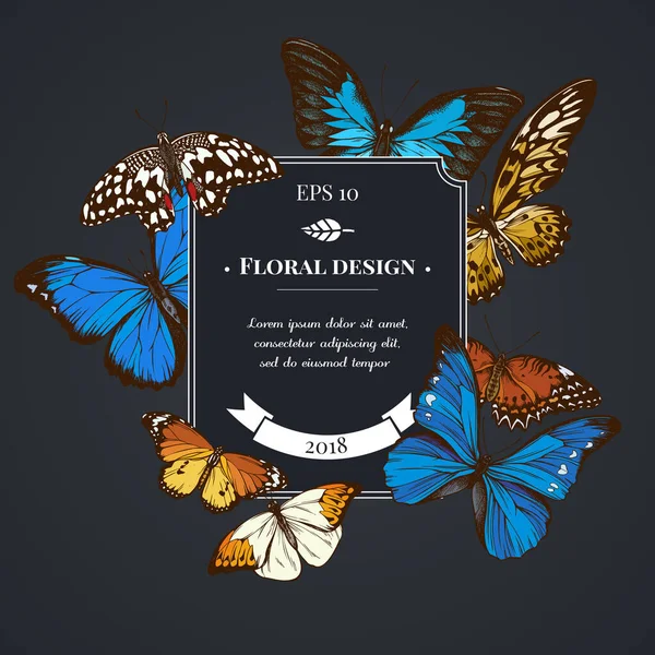 Design de crachá escuro com imperador azul, menelau morpho azul, morpho azul, rendas vermelhas, cauda de andorinha gigante africana, grande ponta de laranja, tigre liso — Vetor de Stock