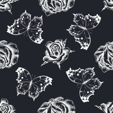 Kusursuz desenli, elle çizilmiş tebeşirli orman incisi, güller.