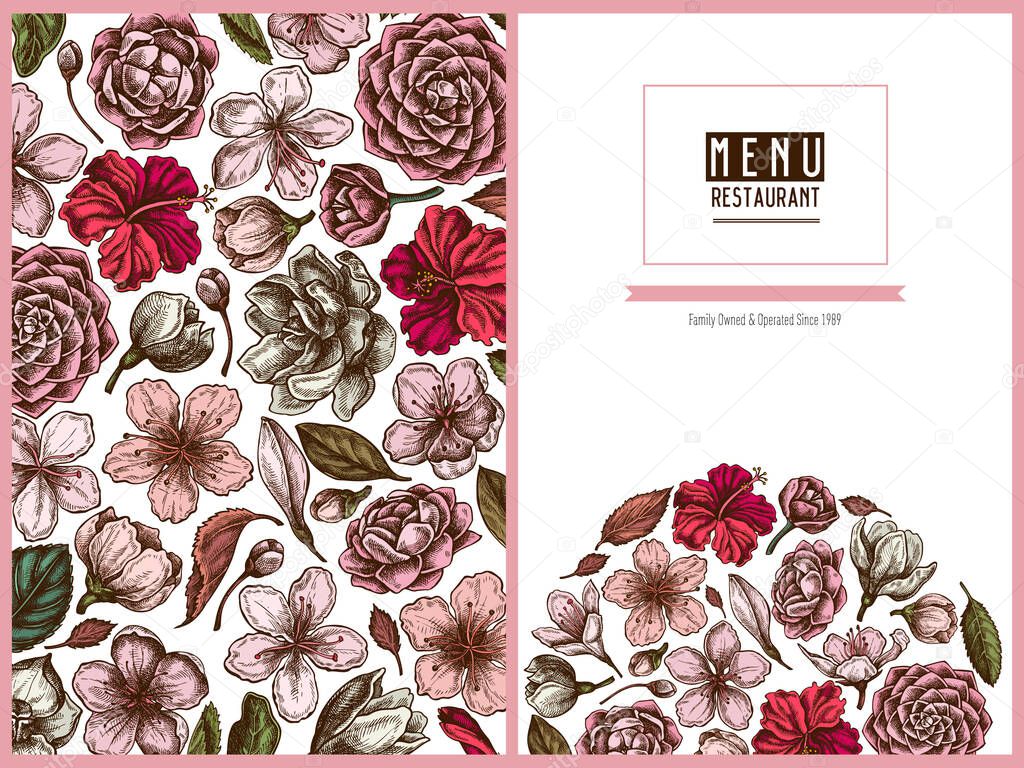Menu cover floral design with colored hibiscus, plum flowers, peach flowers, sakura flowers, magnolia flowers, camellia japonica