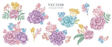 Çiçek buketi pastel balmumu çiçeği, unutma beni çiçek, tansi, ardisia, brassica, dekoratif lahana