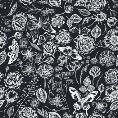 Elle çizilmiş kusursuz desenli çoban çantası, tebeşir kesesi, heather, iris japonica, sakura, çingene, papatya, badem, haşhaş çiçeği, takviye, mavi morpho, limon kelebeği, kırmızı dantel örgü, büyük