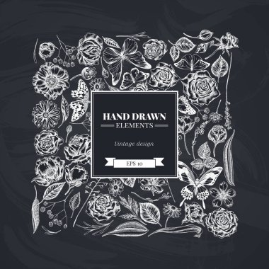 Kare çiçek desenli tebeşir çoban kesesi, heather, iris japonica, sakura, gypthe, papatya, badem, haşhaş çiçeği, calendula, mavi morpho, limon kelebeği, kırmızı dantel uçlu, harika turuncu uçlu