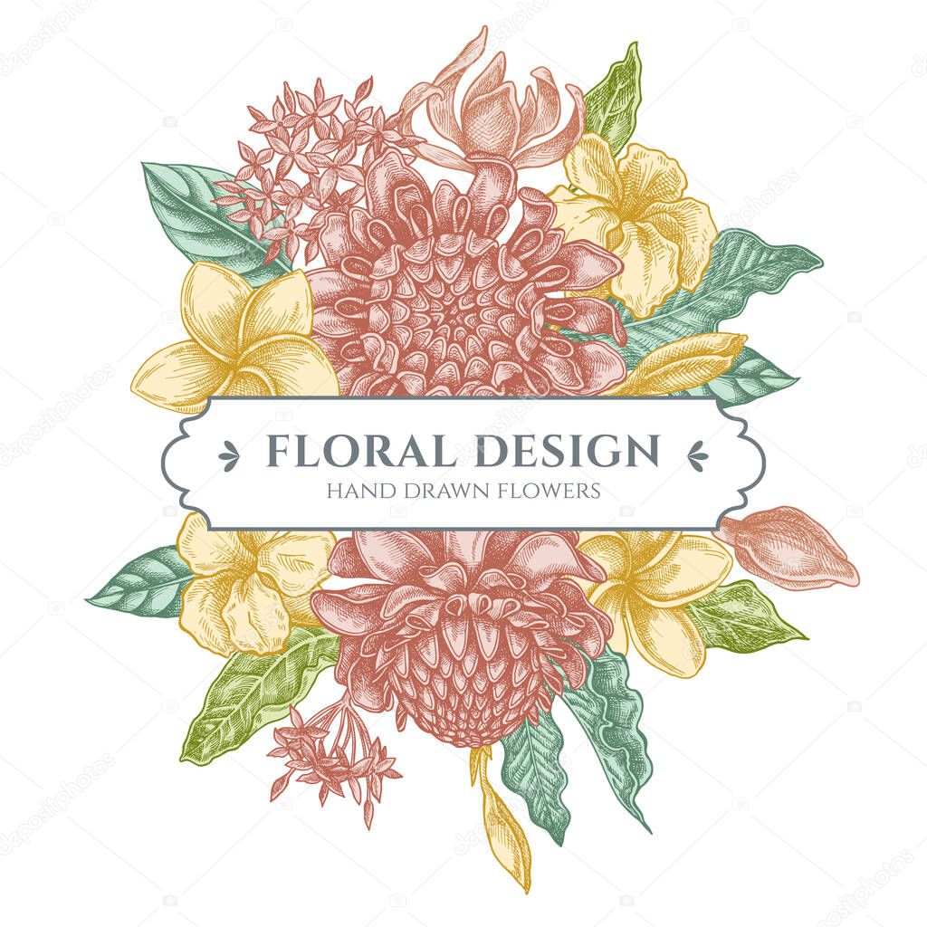 Floral bouquet design with pastel plumeria, allamanda, clerodendrum, champak, etlingera, ixora stock illustration