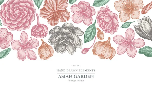 Kwiatowy wzór z pastelowymi hibiskusami, kwiatami śliwek, kwiatami brzoskwiń, kwiatami sakury, kwiatami magnolii, kamelią japońską — Wektor stockowy