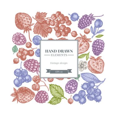 Pastel çilekli kare tasarım, yabanmersini, kırmızı frenk üzümü, ahududu, böğürtlen