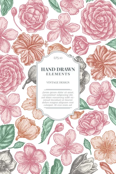 Diseño de tarjetas con hibisco pastel, flores de ciruela, flores de melocotón, flores de sakura, flores de magnolia, camelia japonica — Vector de stock