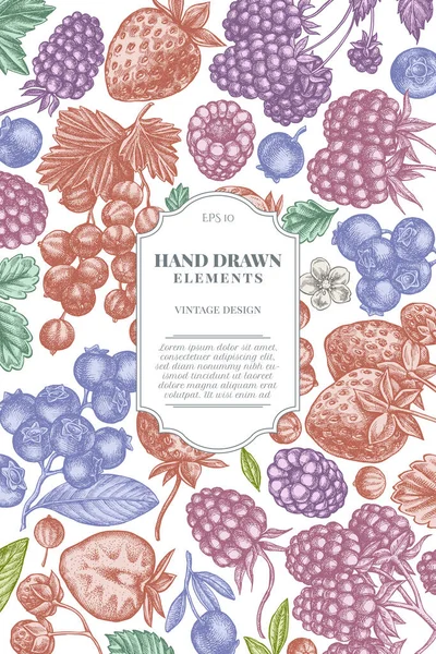 Design de cartão com morango pastel, mirtilo, groselha vermelha, framboesa, amora —  Vetores de Stock
