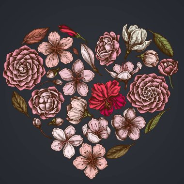 Koyu arkaplanda kalp çiçekleri, erik çiçekleri, şeftali çiçekleri, sakura çiçekleri, manolya çiçekleri, kamelya japonica