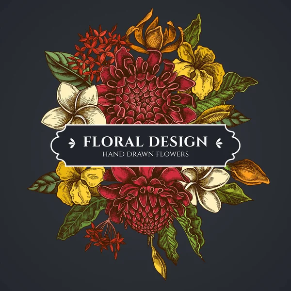 Цветочный букет темный дизайн с plumeria, allamanda, clerodendrum, champak, etlingera, ixora — стоковый вектор