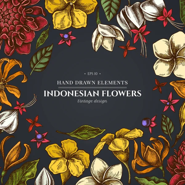 Florales Design auf dunklem Hintergrund mit Plumeria, Allamanda, Klerodendrum, Champak, Eglingera, Ixora — Stockvektor