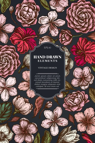 Diseño de tarjetas sobre fondo oscuro con hibisco, flores de ciruela, flores de melocotón, flores de sakura, flores de magnolia, camelia japonica — Vector de stock