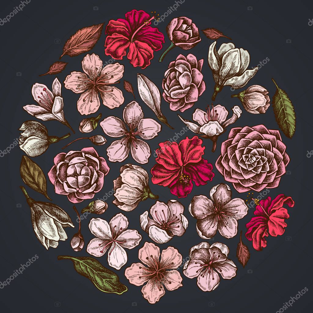Round floral design on dark background with hibiscus, plum flowers, peach flowers, sakura flowers, magnolia flowers, camellia japonica stock illustration