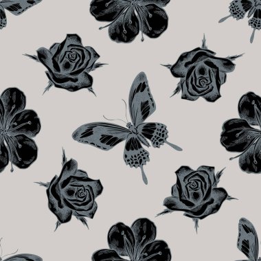 Kusursuz desenli, el çizimi sakura, papilio torquatus, güller