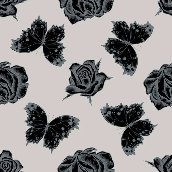 Motif sans couture avec nacre de forêt stylisée dessinée à la main, roses — Image vectorielle