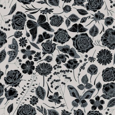 Kusursuz desenli, el çizimi çoban çantası, heather, iris japonica, sakura, gypôila, papatya, badem, haşhaş çiçeği, takviye, mavi morpho, limon kelebeği, kırmızı dantel, harika.