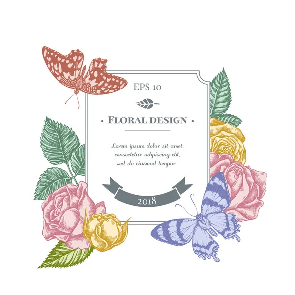 Badge design with pastel lemon butterfly, alcides agathyrsus, roses — Stockový vektor