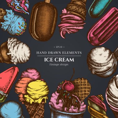 Dondurma kaseleri, dondurma kovası, dondurma külahları, dondurma külahları, dondurma topları ile karanlık arka planda tasarım.