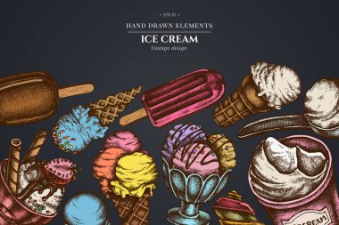 Dondurma kaseleri, dondurma kovası, dondurma külahları, dondurma külahları, dondurma topları ile karanlık arka planda tasarım.