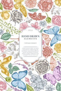 Pastel çoban çantalı kart tasarımı, heather, Iris japonica, sakura, gypôila, papatya, badem, haşhaş çiçeği, calendula, mavi morpho, limon kelebeği, kırmızı dantel kanatlı, Afrika devi kırlangıç kuyruğu