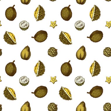 Seamless pattern with hand drawn colored papaya, starfruit, durian, jackfruit, sugar-apple, soursop