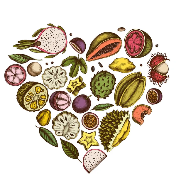 Diseño de corazón con papaya de colores, guayaba, fruta de la pasión, fruta de la estrella, durian, rambután, pitaya, jaca, azúcar-manzana, soursop, mangostán — Vector de stock