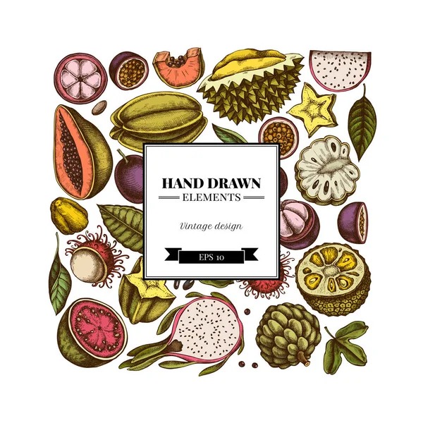 Design quadrato con papaia colorata, guava, frutto della passione, starfruit, durian, rambutan, pitaya, jackfruit, zucchero-mela, soursop, mangostano — Vettoriale Stock