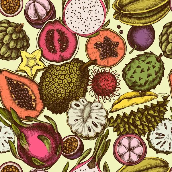 Бесшовный узор с нарисованной вручную папайей, гуавой, маракуйей, звездными фруктами, дурианами, рамбутаном, питайей, джекфрутом, сахарным яблоком, сорсопом, мангостином — стоковый вектор