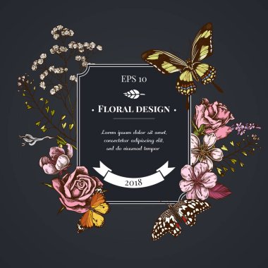 Çoban çantalı koyu renk rozet tasarımı, heather, Iris japonica, sakura, gypìila, badem, limon kelebeği, sade kaplan, papilio torquatus, güller
