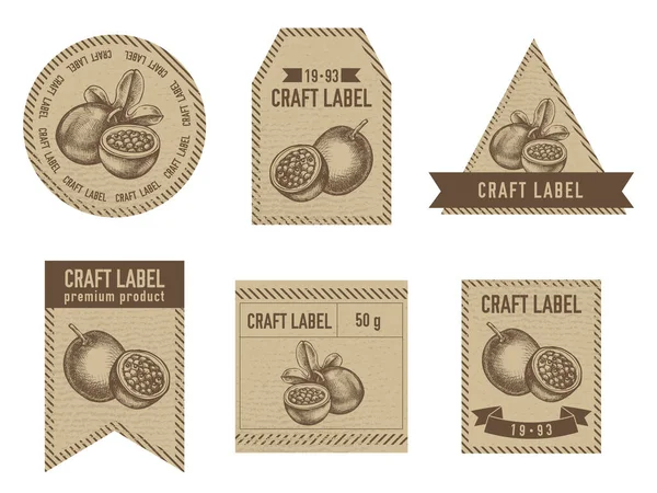 Craft labels vintage design with illustration of passion fruit — Vettoriale Stock