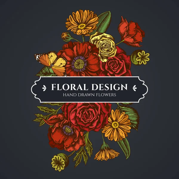 Bouquet floral design sombre avec fleur de pavot, calendula, tigre uni, roses — Image vectorielle