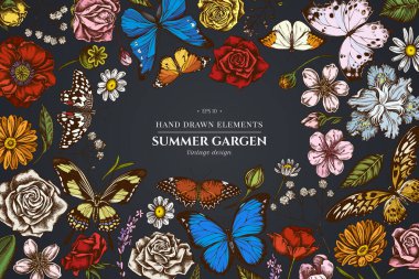 Koyu arkaplanda çoban çantasıyla çiçek tasarımı, heather, Iris japonica, sakura, gypôila, papatya, badem, haşhaş çiçeği, calendula, menelaus blue morpho, mavi morpho, limon kelebeği, kırmızı