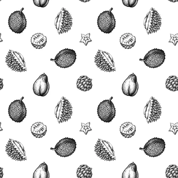 Бесшовный рисунок с черно-белой папайей, звёздными фруктами, дуриан, джекфрутами, сахарно-яблочным, сорсопом — стоковый вектор