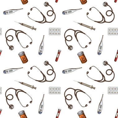 Elle çizilmiş kan, hap ve ilaç şişesi, medikal termometre, stetoskop, şırınga...