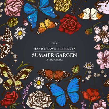Koyu arkaplanda çoban çantasıyla çiçek tasarımı, heather, Iris japonica, sakura, gypôila, papatya, badem, haşhaş çiçeği, calendula, menelaus blue morpho, mavi morpho, limon kelebeği, kırmızı