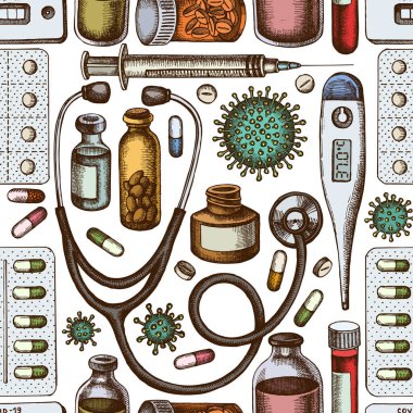 Seamless pattern with hand drawn colored vial of blood, pills and medicines, medical thermometer, coronavirus rapid test, coronavirus bacteria cell, stethoscope, syringe, vaccine