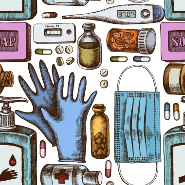 Seamless pattern with hand drawn colored pills and medicines, medical face mask, sanitizer bottles, medical thermometer, coronavirus rapid test, soap, medical gloves
