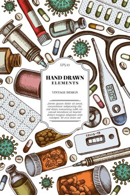 Card design with colored vial of blood, pills and medicines, medical thermometer, coronavirus rapid test, coronavirus bacteria cell, stethoscope, syringe, vaccine