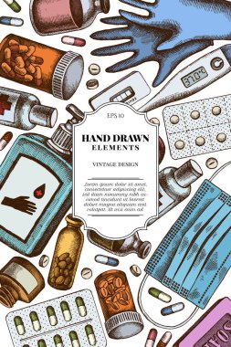 Card design with colored pills and medicines, medical face mask, sanitizer bottles, medical thermometer, coronavirus rapid test, soap, medical gloves