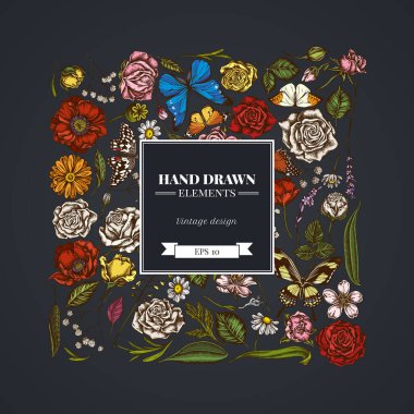 Square floral design on dark background with shepherd s purse, heather, iris japonica, sakura, gypsophila, chamomile, almond, poppy flower, calendula, blue morpho, lemon butterfly, red lacewing, great