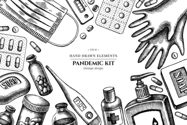 Design s černými a bílými pilulkami a léky, lékařská maska, dezinfekční láhve, lékařský teploměr, koronavirus rychlý test, mýdlo, lékařské rukavice — Stockový vektor