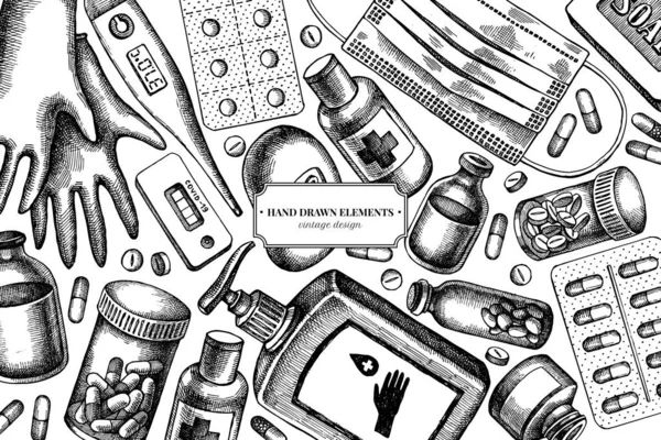 Design med svart och vitt piller och läkemedel, medicinsk ansiktsmask, desinfektionsmedel flaskor, medicinsk termometer, coronavirus snabbtest, tvål, medicinska handskar — Stock vektor