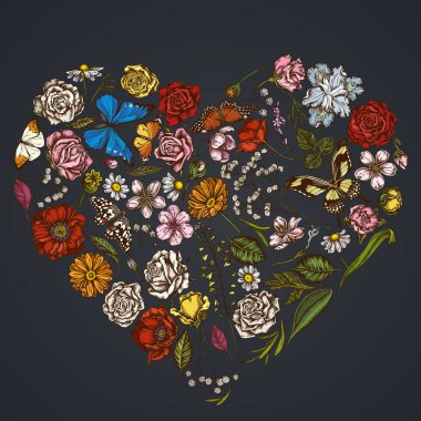 Koyu arkaplanda çiçek tasarımı, çoban çantasıyla, heather, iris japonica, sakura, gypôila, papatya, badem, haşhaş çiçeği, calendula, mavi morpho, limon kelebeği, kırmızı dantel, harika