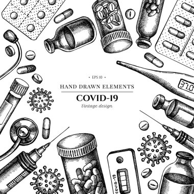 Siyah beyaz kan, hap ve ilaç şişesi, tıbbi termometre, koronavirüs hızlı testi, koronavirüs bakteri hücresi, stetoskop, şırınga, aşı, aşı tasarımı