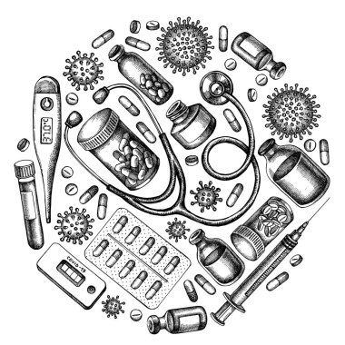 Siyah beyaz şişe kan, hap ve ilaç, tıbbi termometre, koronavirüs hızlı testi, koronavirüs bakteri hücresi, stetoskop, şırınga, aşı içeren yuvarlak tasarım.