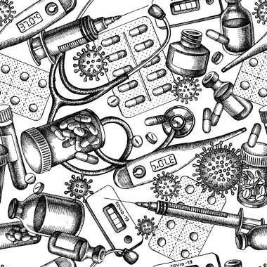 Siyah beyaz şişe kan, hap ve ilaç, tıbbi termometre, koronavirüs hızlı testi, koronavirüs bakteri hücresi, stetoskop, şırınga, aşı,