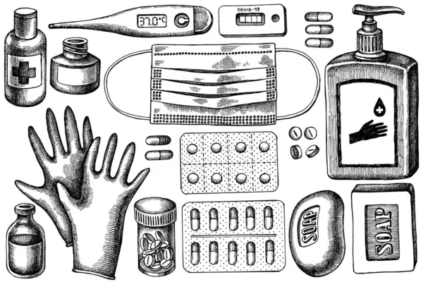 Conjunto vectorial de píldoras y medicamentos dibujados a mano en blanco y negro, mascarilla médica, frascos de desinfectante, termómetro médico, prueba rápida de coronavirus, jabón, guantes médicos — Archivo Imágenes Vectoriales