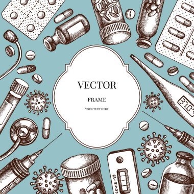 Kan, hap ve ilaç şişesi, tıbbi termometre, koronavirüs hızlı testi, koronavirüs bakteri hücresi, stetoskop, şırınga, aşı içeren tasarım üzerine rozet.